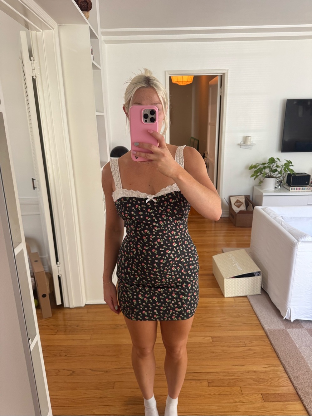 Floral & crochet denim style mini dress